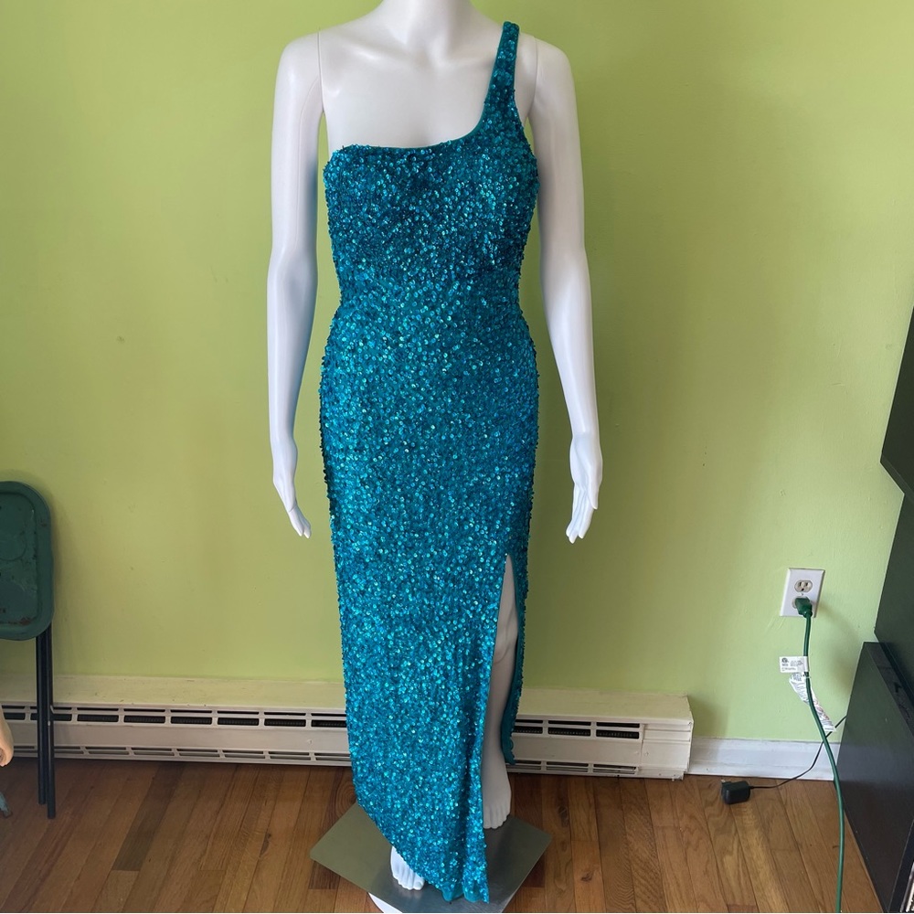 RENE MOISELLE TEAL BLUE SEQUIN ONE SHOULDER LONG PAGEANT PROM DRESS SIZE MEDIUM